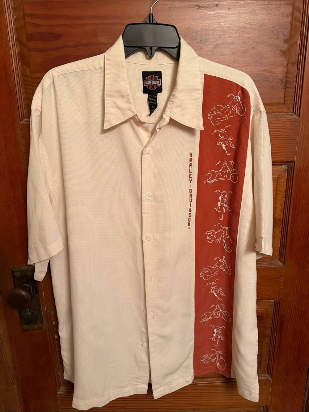 Harley-Davidson Cream Short-Sleeve Button-Down Shirt with Rust Accent Panel